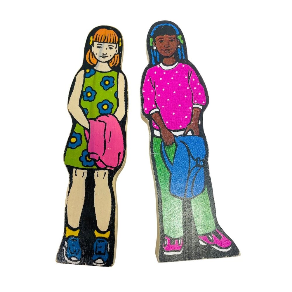 Vintage Inspired Wooden Children Figurines Set Wedgies Career Lot of 2 Stained